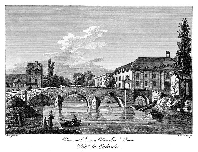Pont de Vaucelles à Caen - gravure de 1827 d'un dessin de Baugean, reproduite puis restaurée par © Norbert Pousseur