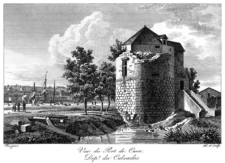 Le port de Caen - gravure de 1827 d'un dessin de Baugean, reproduite puis restaurée par © Norbert Pousseur Le port de Caen - gravure de 1827 d'un dessin de Baugean, reproduite puis restaurée par © Norbert Pousseur