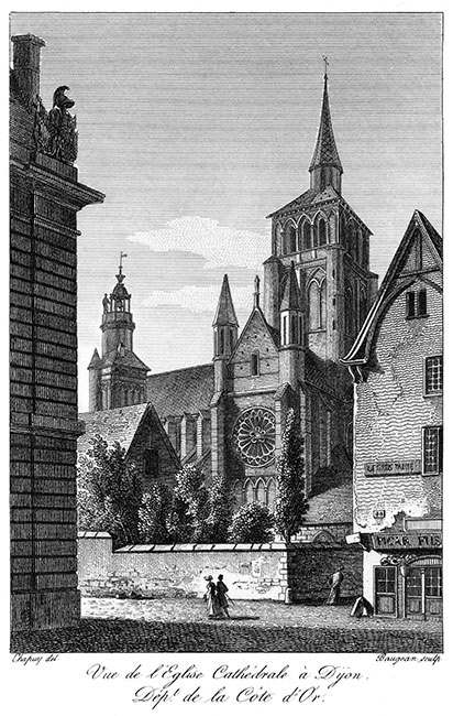 L'église cathédrale de Dijon vers 1825 - gravure reproduite et retouchée par © Norbert Pousseur