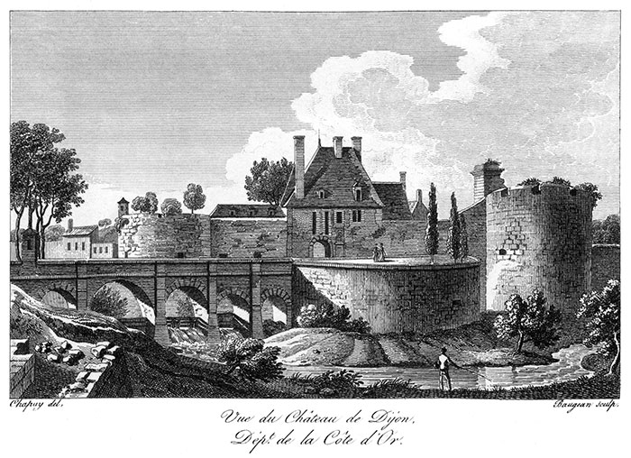 Le château de Dijon vers 1820 - gravure reproduite et retouchée par © Norbert Pousseur