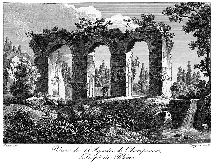 Lyon - Gravure de 1827 reproduite puis restaurée par © Norbert Pousseur Lyon, aqueduc de Champenost - Gravure de 1827 reproduite puis restaurée par © Norbert Pousseur