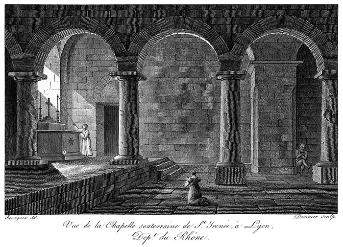 Intérieur de la cathédrale de Lyon - Gravure de 1841 reproduite puis restaurée par © Norbert Pousseur