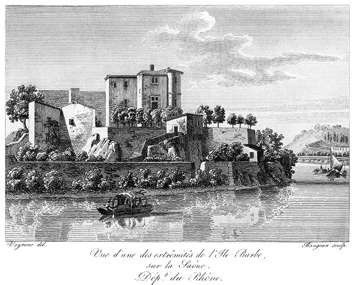 Bords de l'Île St Barbe à Lyon - Gravure de  1827 reproduite puis restaurée par © Norbert Pousseur