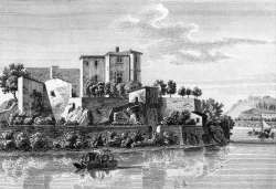Bords de l'Île St Barbe à Lyon - Gravure de  1827 reproduite puis restaurée par © Norbert Pousseur