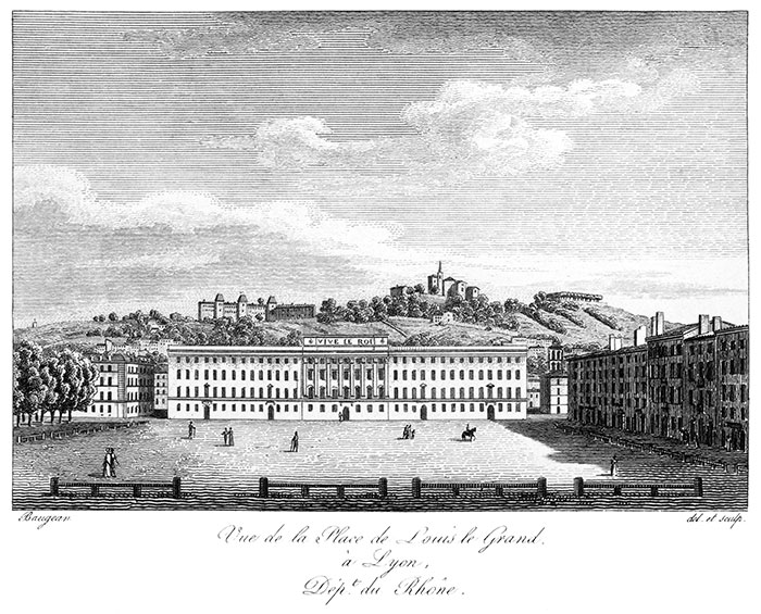 Place Louis le Grand, puis Bellecour, de Lyon de Lyon - Gravure de  1827 reproduite puis restaurée par © Norbert Pousseur