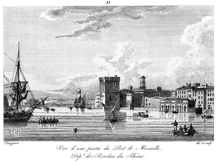 Intérieur du port de Marseille vers 1825  - gravure de Baugean reproduite et restaurée par © Norbert Pousseur