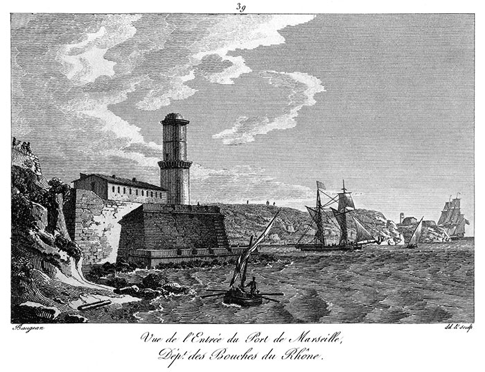 Entrée latérale du port de Marseille vers 1825  - gravure de Baugean reproduite et restaurée par © Norbert Pousseur