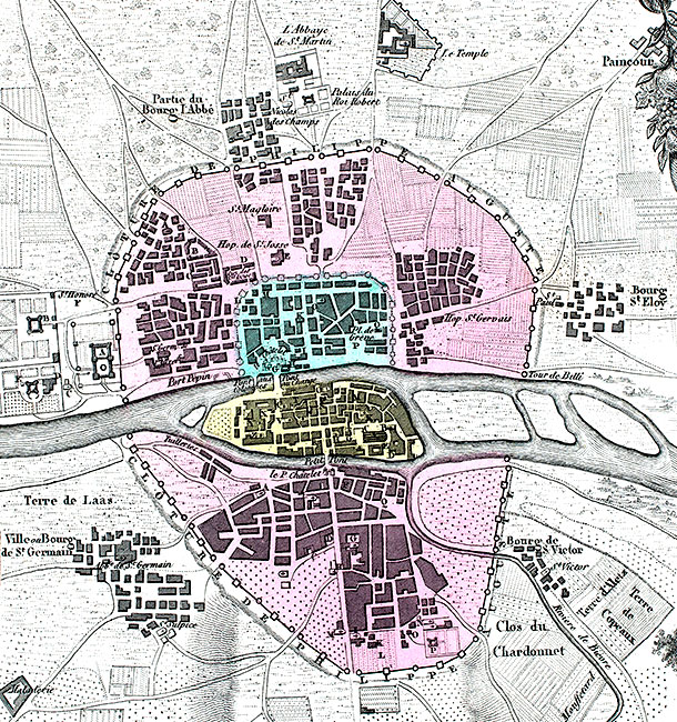 carte du coeur de Paris de Lutèce à 1223 par Vuillemin - gravure reproduite et restaurée numériquement par © Norbert Pousseur