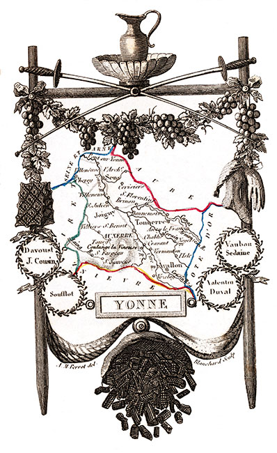 Carte succinte de L'Yonne vers 1830 - gravure reproduite et restaurée numériquement par © Norbert Pousseur