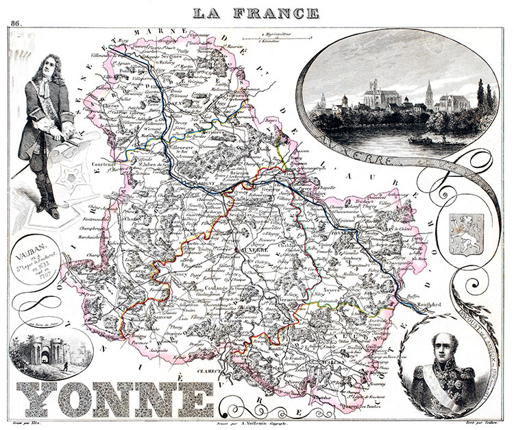 Carte du département de L'Yonne en 1851 - gravure reproduite et restaurée numériquement par © Norbert Pousseur
