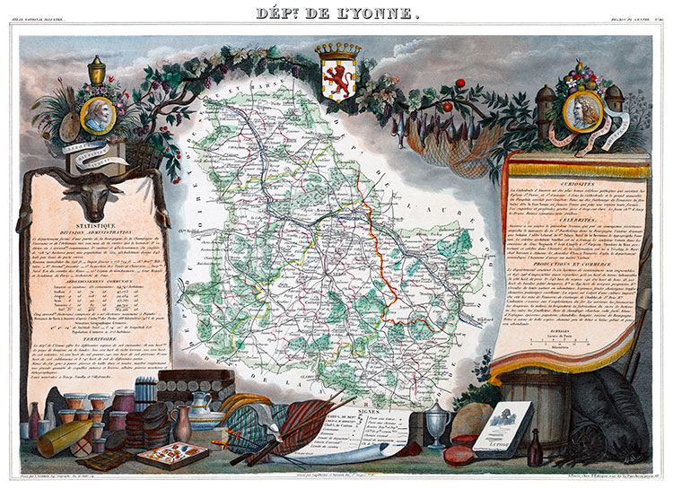 Carte par Levasseur de L'Yonne en 1847 - gravure reproduite et restaurée numériquement par © Norbert Pousseur