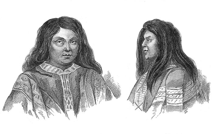 Portraits d'Araucans au Chili vers 1840 - gravure reproduite puis restaurée numériquement par © Norbert Pousseur