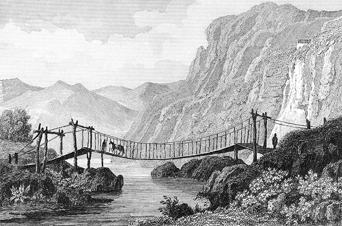 Puente colgante de Cimbra, Chile, hacia 1840 - grabado reproducido y restaurado digitalmente por © Norbert Pousseur