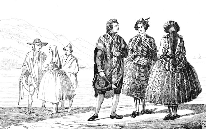 Traje de la Conceptión en Chile hacia 1840 - grabado reproducido y restaurado digitalmente por © Norbert Pousseur