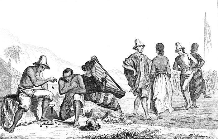 Juego de los porotos y bailes en Chile hacia 1840 - grabado reproducido y restaurado digitalmente por © Norbert Pousseur