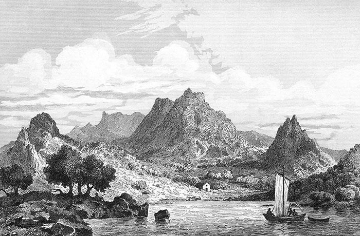 île de Juan Fernandez au Chili vers 1840 - gravure reproduite puis restaurée numériquement par © Norbert Pousseur