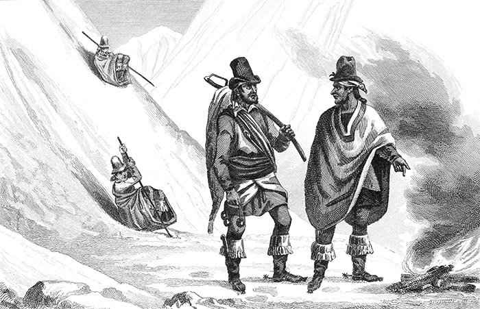 Péons descendant les cordillères au Chili vers 1840 - reproduction © Norbert Pousseur