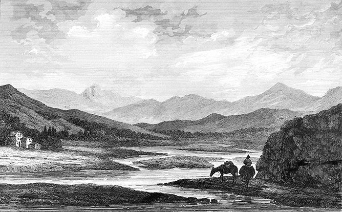 Vallon du Rio-Quile au Chili vers 1840 - gravure reproduite puis restaurée numériquement par © Norbert Pousseur