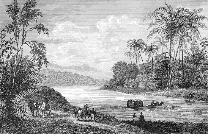 Passage du rio Quillota au Chili vers 1840 - gravure reproduite puis restaurée numériquement par © Norbert Pousseur