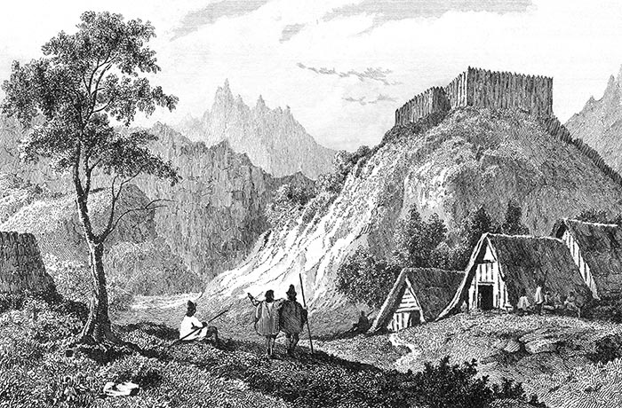 Vallée du Rio Forbido au Chili vers 1840 - gravure reproduite puis restaurée numériquement par © Norbert Pousseur