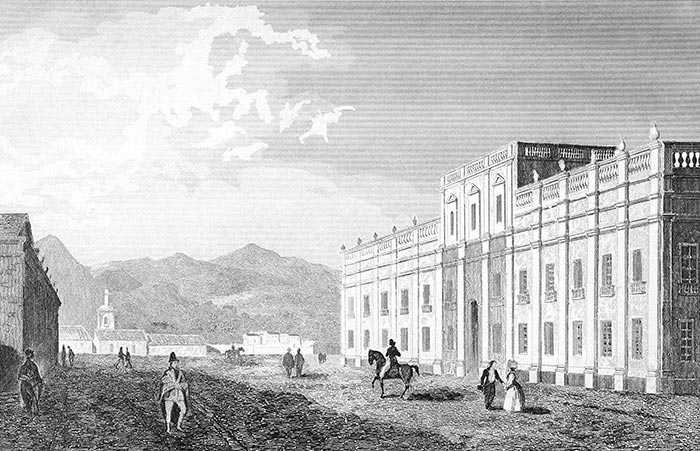 Hôtel de la Monnaie à Santiago du Chili vers 1840 - gravure reproduite puis restaurée numériquement par © Norbert Pousseur