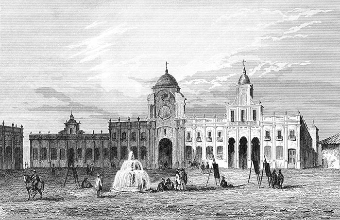 Place de Santiago du Chili vers 1840 - gravure reproduite puis restaurée numériquement par © Norbert Pousseur