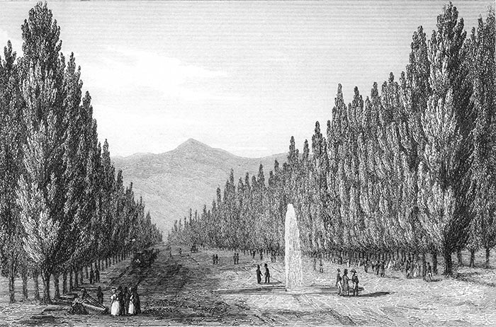 Le Tajamar à Santiago du Chili vers 1840 - gravure reproduite puis restaurée numériquement par © Norbert Pousseur