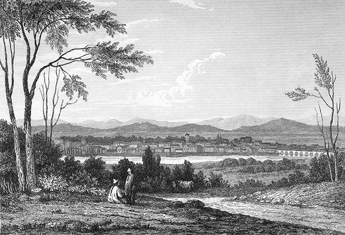 Vue générale de Santiago du Chili vers 1840 - gravure reproduite puis restaurée numériquement par © Norbert Pousseur