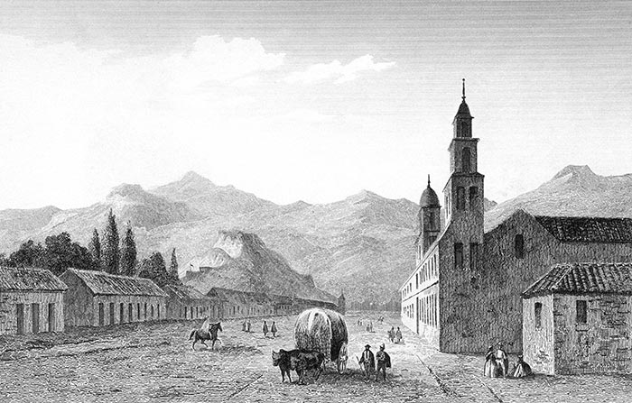 La Cañada à Santiago du Chili vers 1840 - gravure reproduite puis restaurée numériquement par © Norbert Pousseur