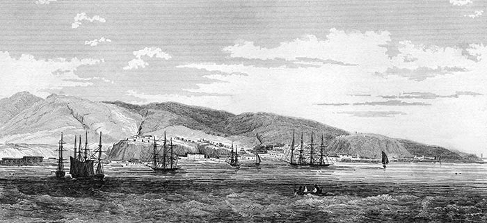 La rada de Valparaíso en Chile, hacia 1840 - grabado reproducido y restaurado digitalmente por © Norbert Pousseur