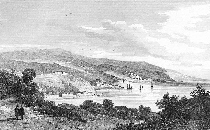 Valparaíso en Chile, hacia 1840 - grabado reproducido y restaurado digitalmente por © Norbert Pousseur