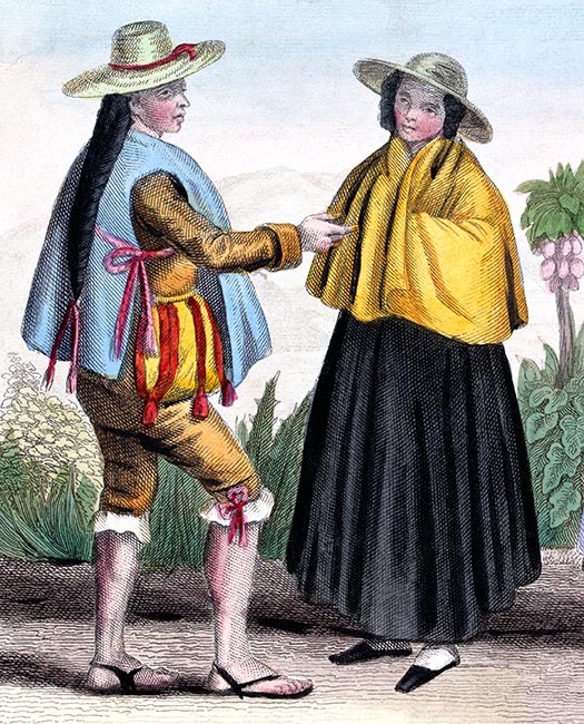 Costume de Santiago du Chili vers 1840 - gravure reproduite puis restaurée numériquement par © Norbert Pousseur