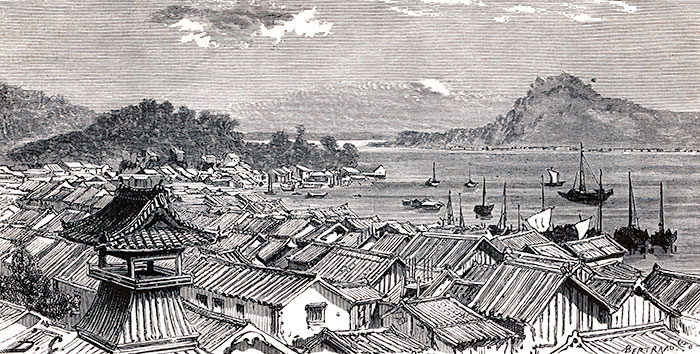 Shimonoseki  à Nagasaki  vers 1870 - gravure reproduite et restaurée numériquement par © Norbert Pousseur