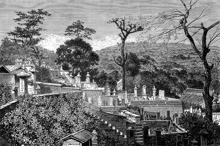 Cimetière à Nagasaki  vers 1870 - gravure reproduite et restaurée numériquement par © Norbert Pousseur