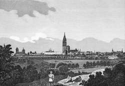 Pour zoom, vue générale de Strasbourg en 1827 - gravure reproduite puis restaurée numériquement par © Norbert Pousseur