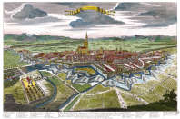 Pour zoom, Panorama de Strasbourg vers 1720 - gravure d'Antoine Aveline reproduite par la BNF puis traitée numériquement par © Norbert Pousseur