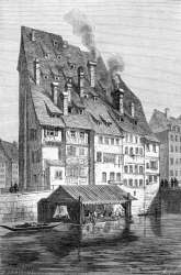 Pour zoom, lavoir sur pilotis à Strasbourg vers 1880 1840 - gravure reproduite puis restaurée numériquement par © Norbert Pousseur
