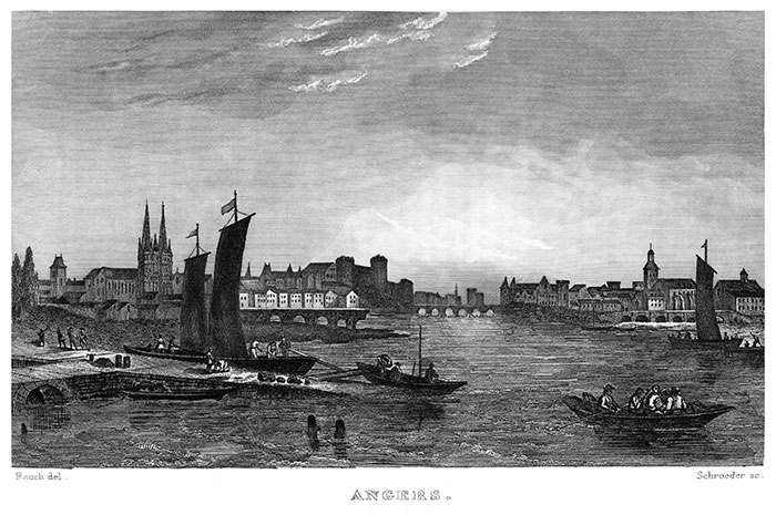 Angers au bord de la Mayenne vers 1830  - gravure  reproduite et restaurée par © Norbert Pousseur