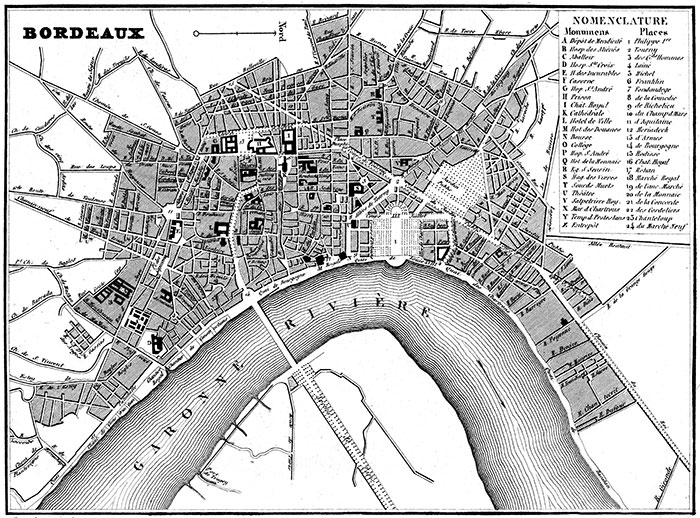 Carte de 1830 de Bordeaux - gravure reproduite puis restaurée numériquement par  © Norbert Pousseur