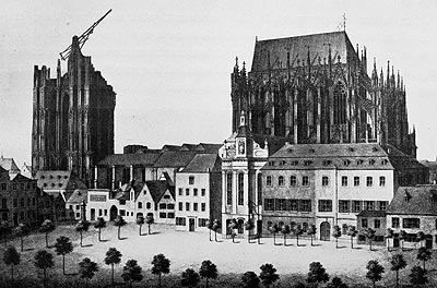 Gravure montrant la construction de la cathédrale, reproduction Norbert pousseur