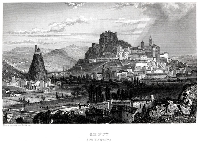 Le Puy en Velay depuis 'Espailly avant 1860 par Rouargues - gravure reproduite et restaurée par © Norbert Pousseur 