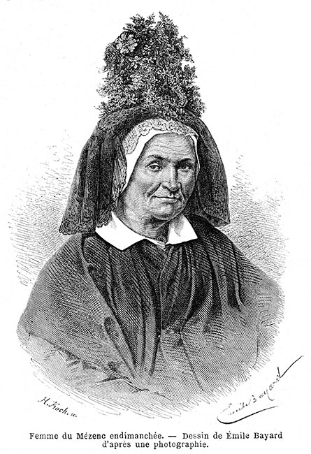 Femme à la coiffe verdoyante des environs du le Puy en Velay - gravure reproduite et restaurée par © Norbert Pousseur 