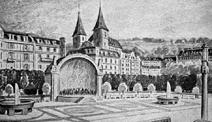 Vue 1909 du Kurplatz avec le pavillon de musique - reproduction © Norbert Pousseur