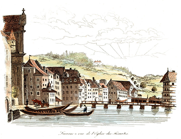Lucerne, vue de l'église des jésuites vers 1830 - gravure reproduite et restaurée numériquement par  © Norbert Pousseur