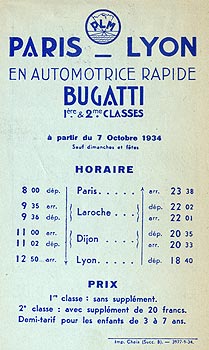 Vignette de 1934 de l'horaire de l'automotrice Bugatti