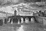 Pont Notre-Dame vers 1750 - Gravure  reproduite puis restaurée par © Norbert Pousseur