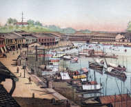 Zoom sur Port de Singapour en 1885 - gravure reproduite et restaurée numériquement par © Norbert Pousseur