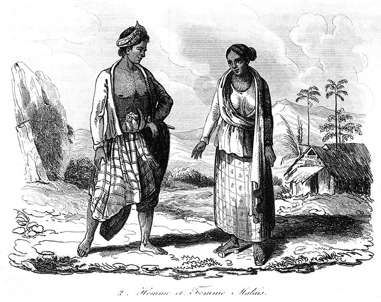 Couple de malais à Singapour vers 1827 - gravure reproduite et restaurée numériquement par © Norbert Pousseur