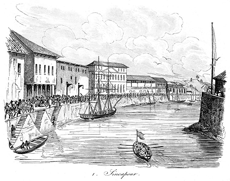 Le port de Singapour vers 1832 - gravure reproduite et restaurée numériquement par © Norbert Pousseur