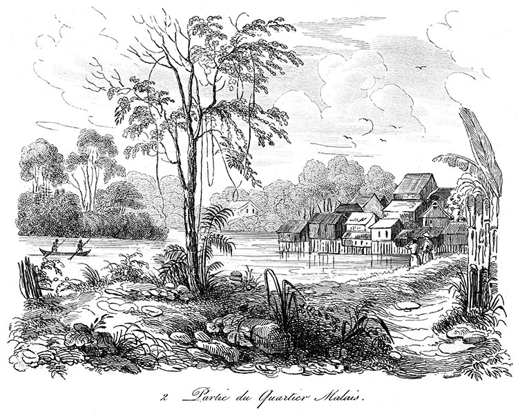 Le quartier malais de Singapour vers 1832 - gravure reproduite et restaurée numériquement par © Norbert Pousseur